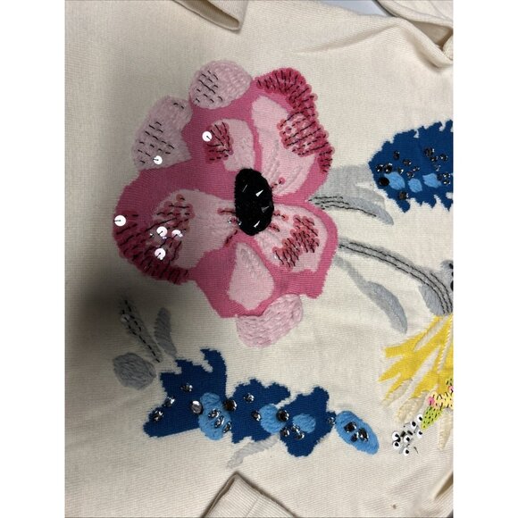 Escada Sweater Virgin Wool Embroidered Flowers Women's Size S FLAW - Picture 4 of 9